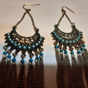 Gun metal bohemian earrings with teal, turquoise beads.